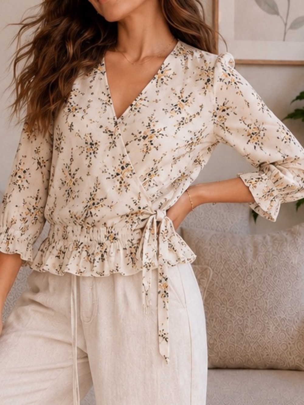Sienna Sky Floral Faux Wrap Tie Blouse Cream Boho Ruffle Sleeve Top Size Small